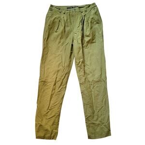 Vintage 90s Mens Trousers L Silk Linen Blend Moss Green Pleated Pants 36 Tall